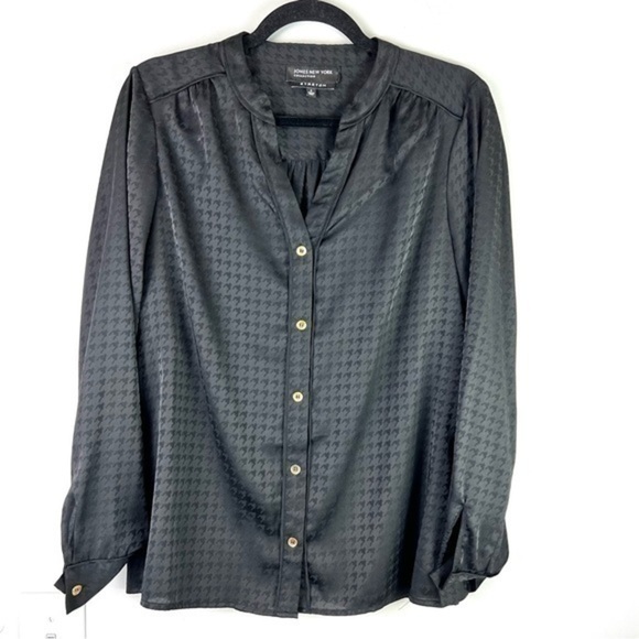 Jones New York button front top womens size 4 black long sleeve stretch - Picture 1 of 5